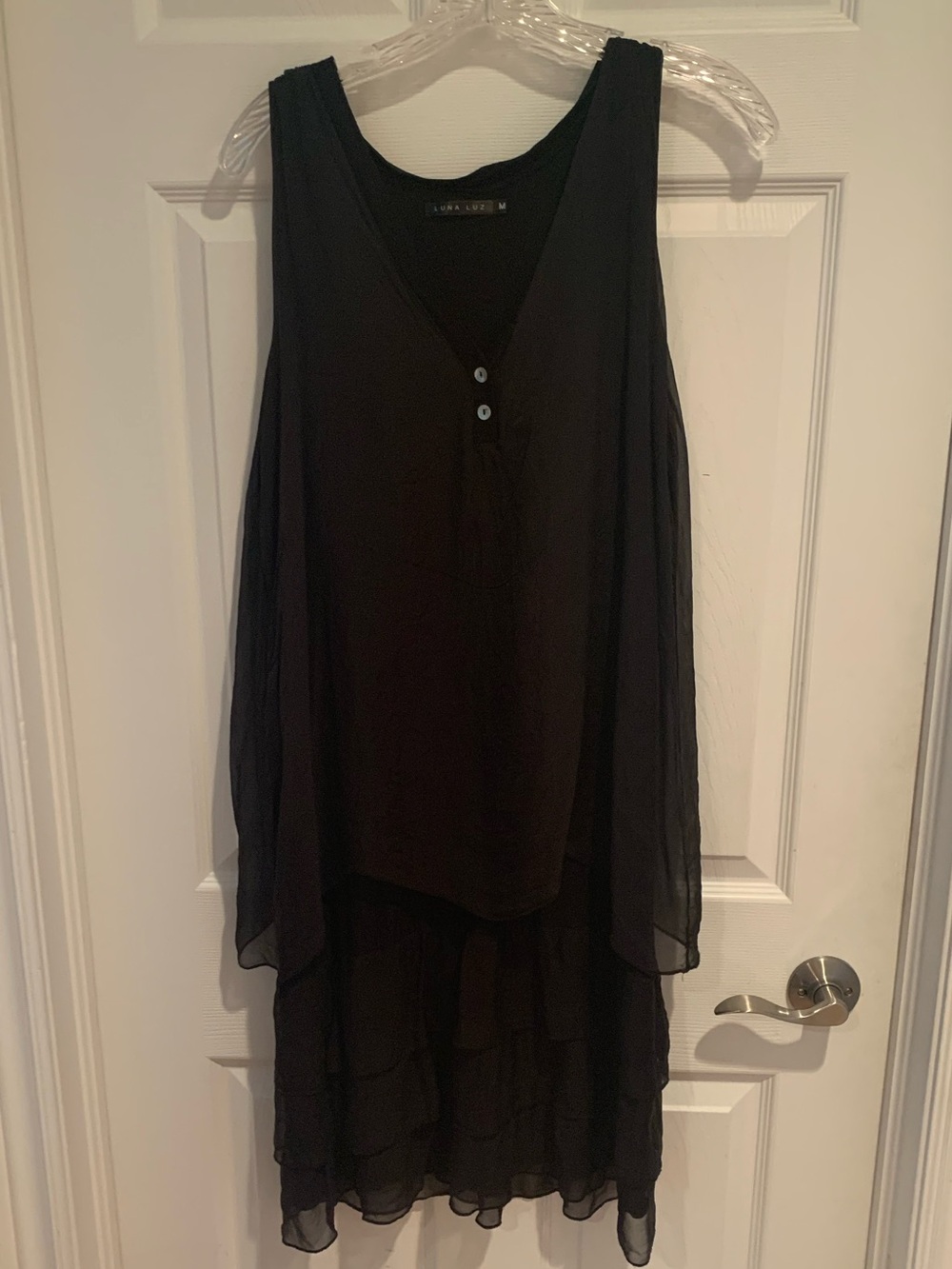 Luna Luz 100% Silk Black Sleeveless V-Neck Layered Dress